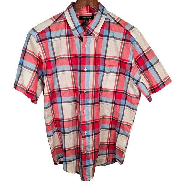 Tommy Hilfiger Medium Classic Fit Plaid Button Up Short Sleeve Shirt EUC Logo - Picture 1 of 4